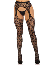 Heart Net Suspender Pantyhose with Garter Belt in Black Hosiery